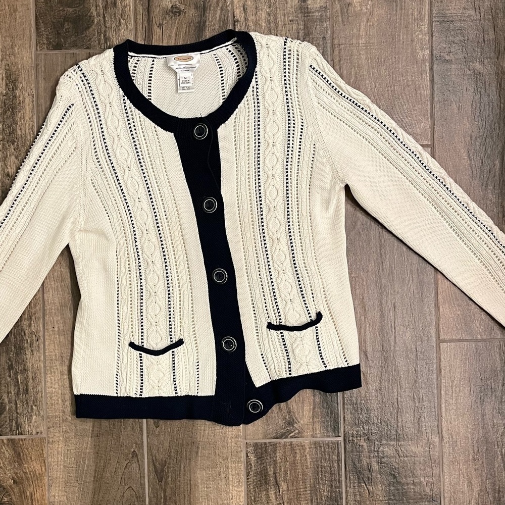 Talbots • Cream and Navy Striped Cardigan
